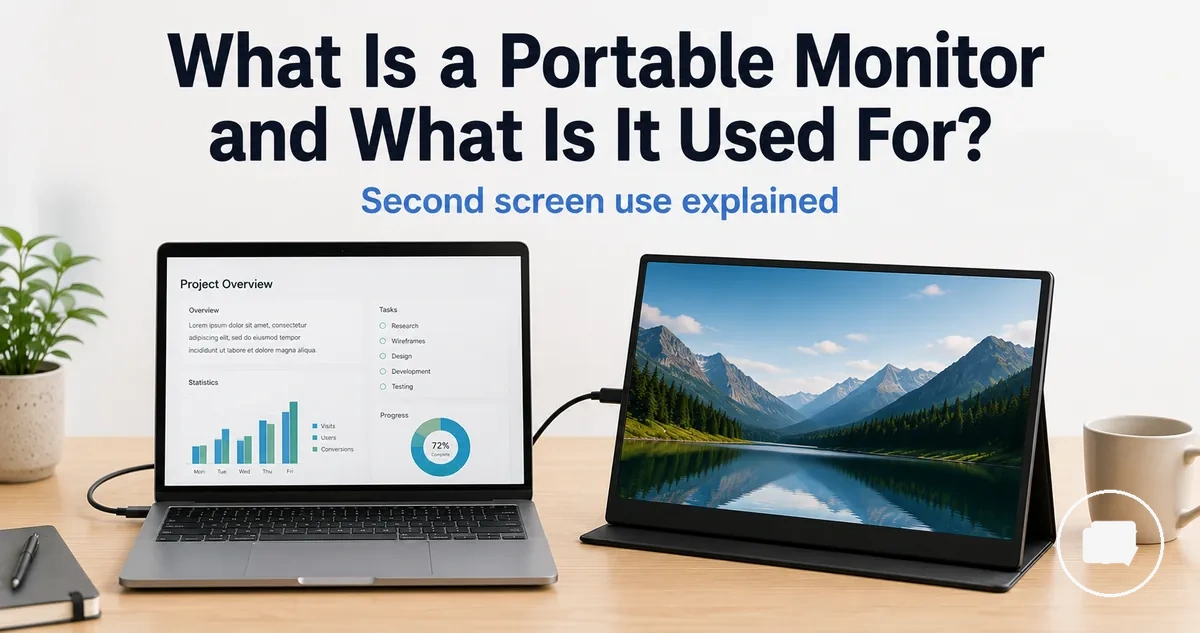 Portable monitor shown beside a laptop to explain second-screen use