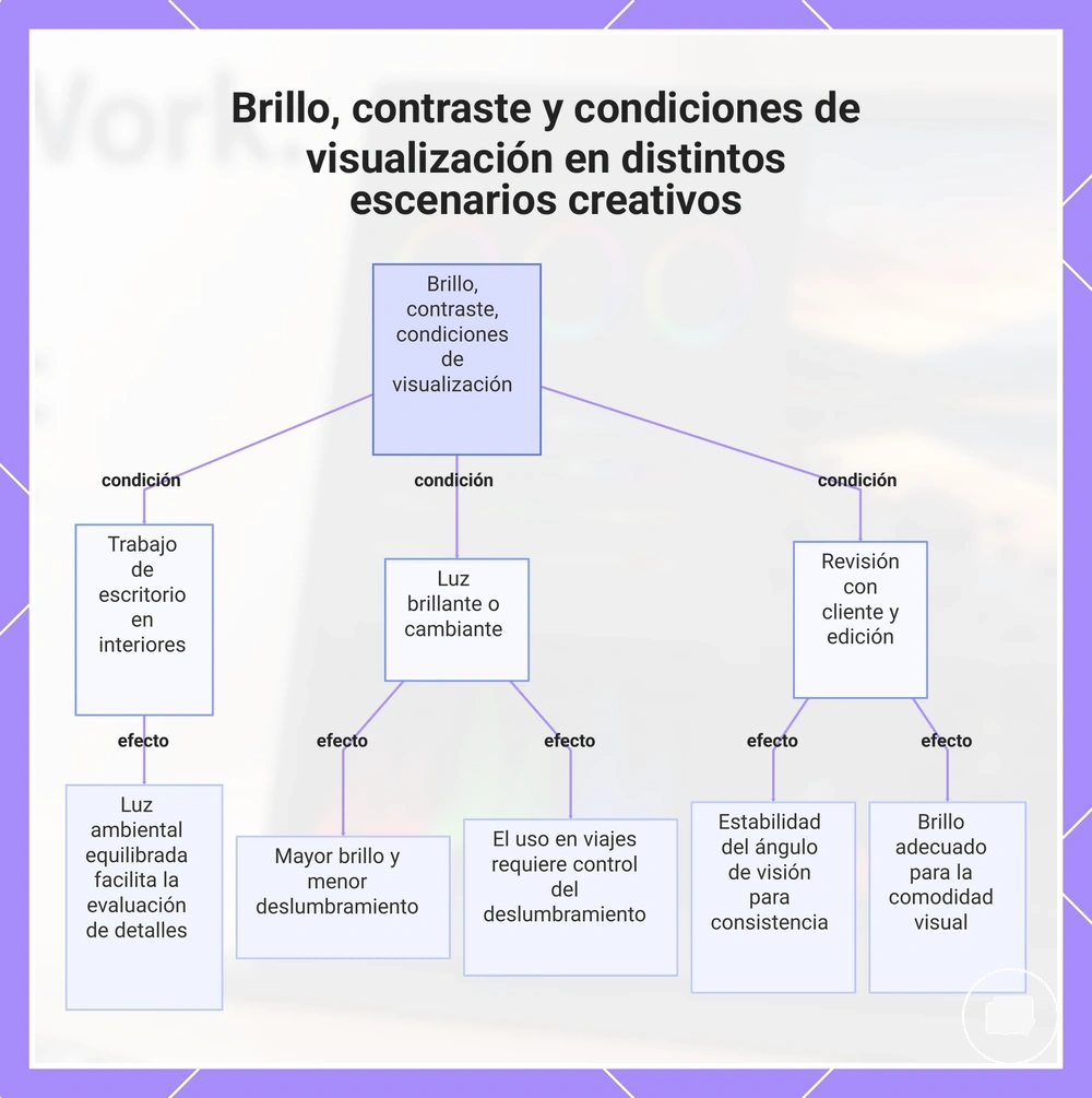 Brillo, contraste y condiciones de visualización en distintos escenarios creativos