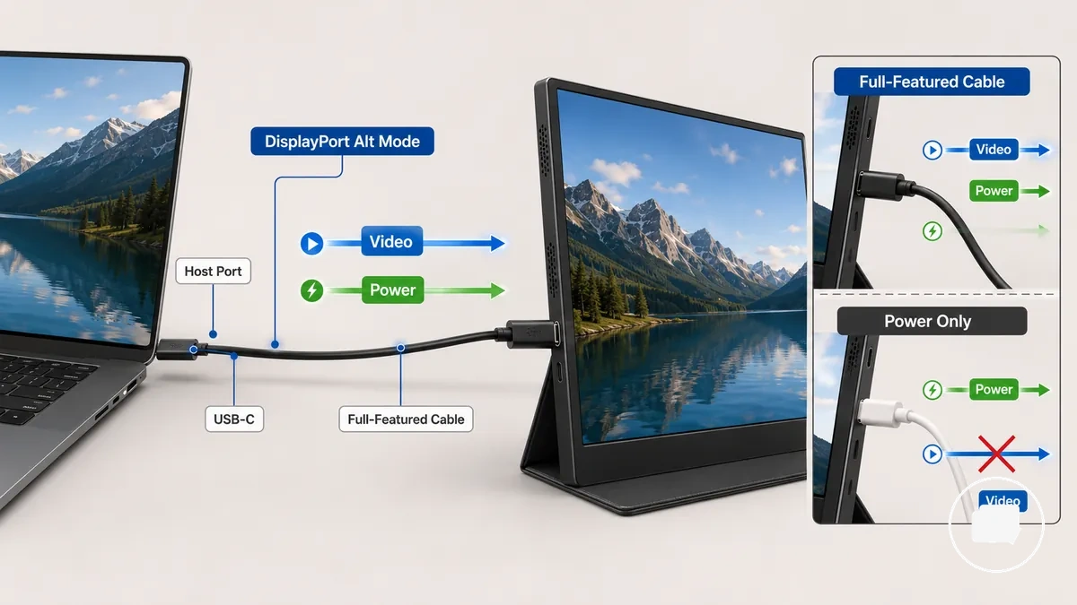 Diagrama que muestra un cable USB-C transportando vídeo y alimentación a un monitor portátil