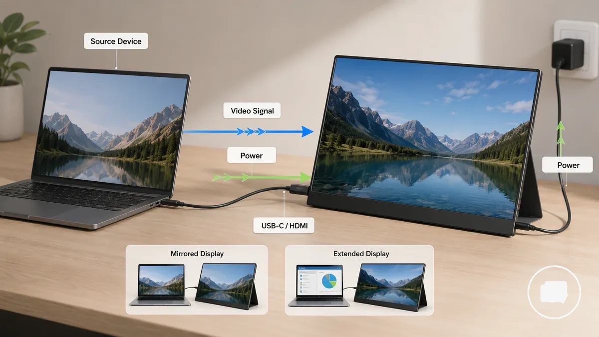 Monitor portátil conectado a un dispositivo fuente mediante señal de vídeo y alimentación