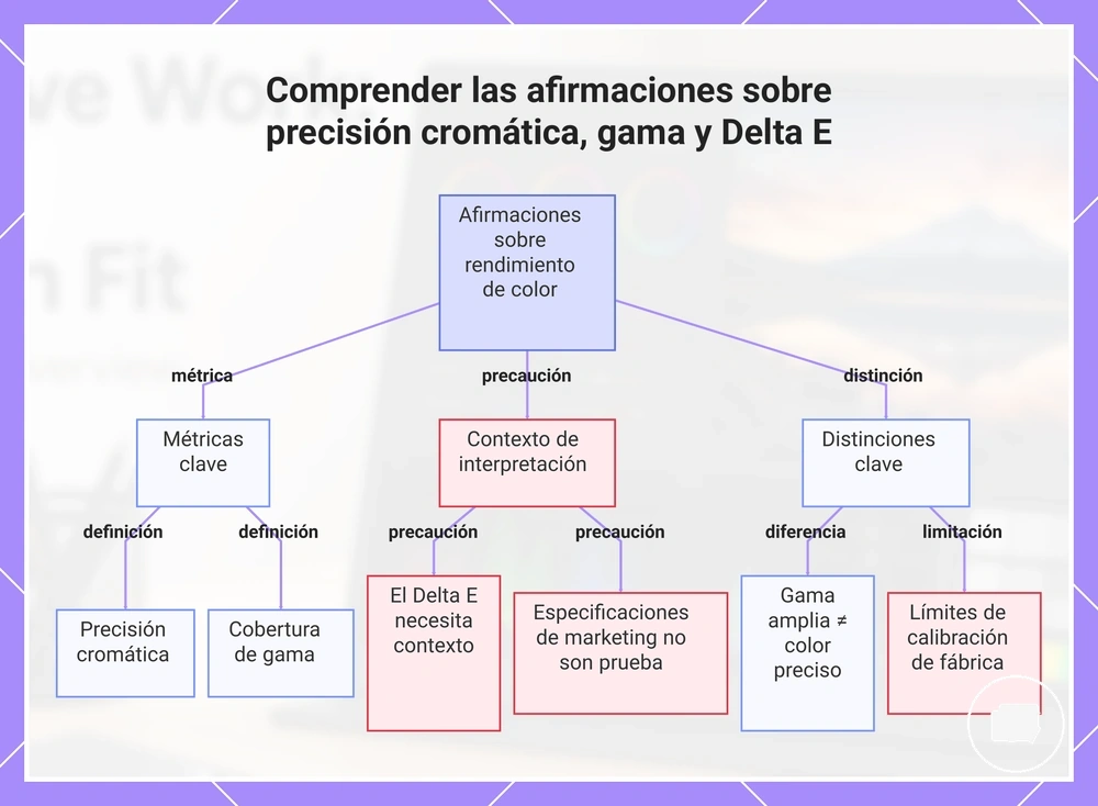 Comprender las afirmaciones sobre precisión cromática, gama y Delta E