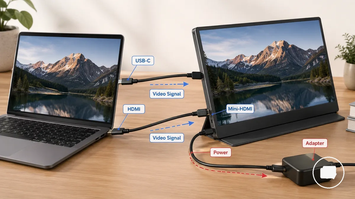 Conexiones USB-C, HDMI y de alimentación para la configuración de un monitor portátil
