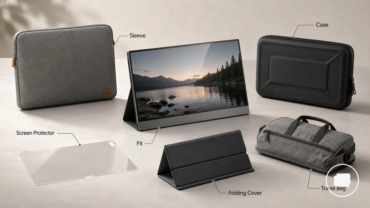 Accesorios protectores para monitores portátiles comparados por funda rígida, funda blanda, cubierta, protector de pantalla y bolsa de viaje