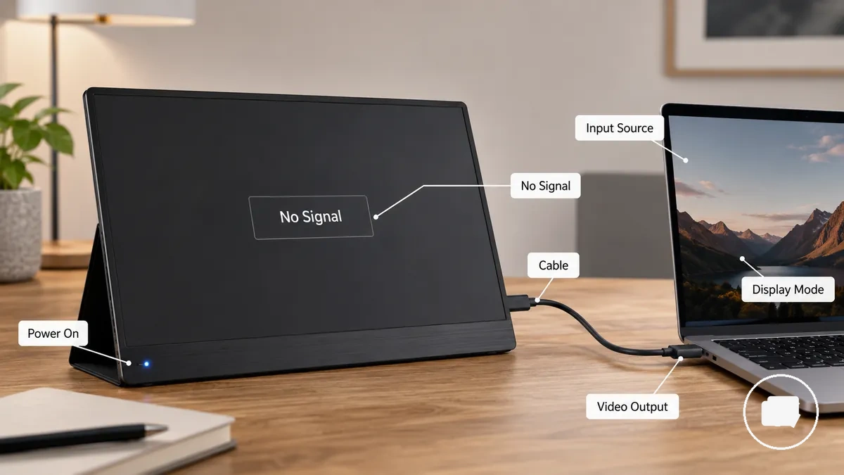 Monitor portátil encendido que muestra sin señal mientras está conectado a un portátil