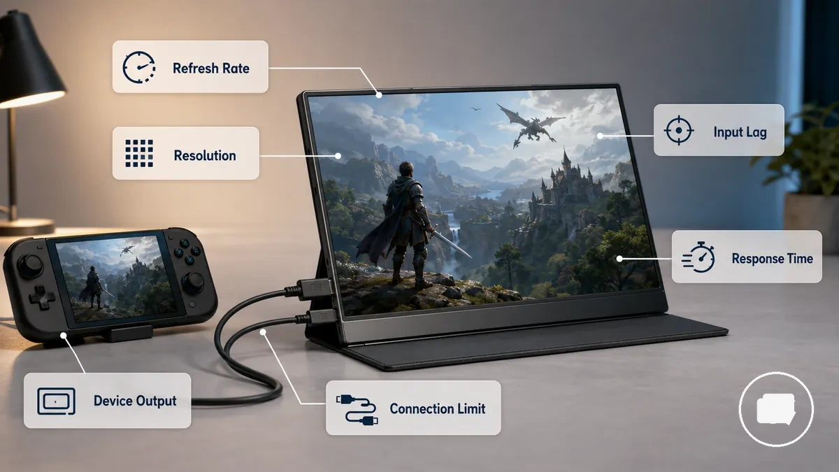 Diagrama de especificaciones de gaming para monitor portátil que incluye frecuencia de refresco, resolución, latencia de entrada y límites de conexión