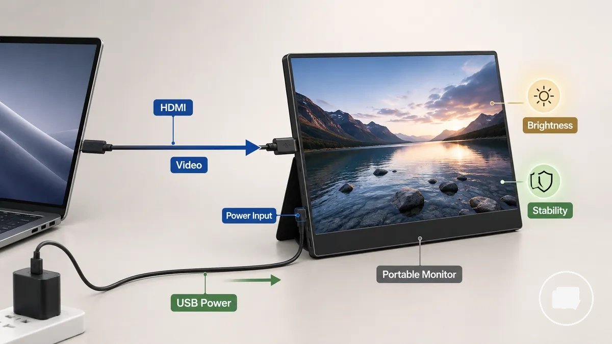 Diagrama que muestra una conexión HDMI con un cable de alimentación independiente para un monitor portátil