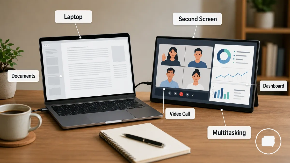 Monitor portátil mostrado en un contexto de más espacio de pantalla para la productividad con el portátil