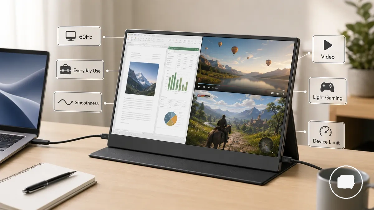 Monitor portátil de 60Hz usado para tareas diarias y juegos ocasionales