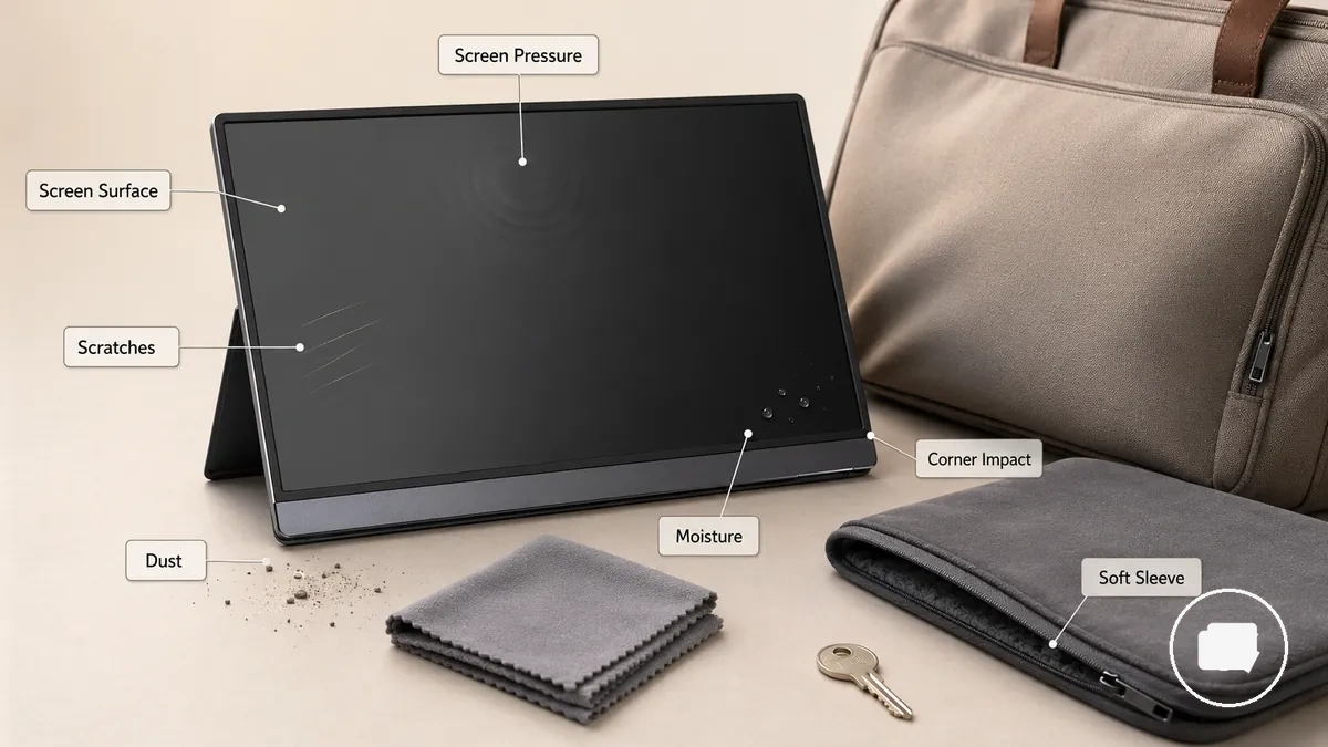 Áreas de pantalla y esquinas del monitor portátil anotadas para riesgo de presión, arañazos, polvo, humedad e impacto