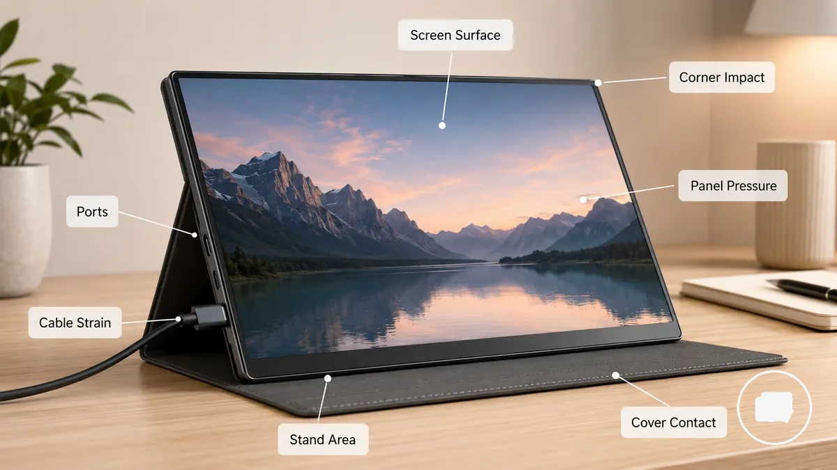 Monitor portátil anotado que muestra las áreas de la pantalla, esquina, puerto, cable y soporte que se deben proteger