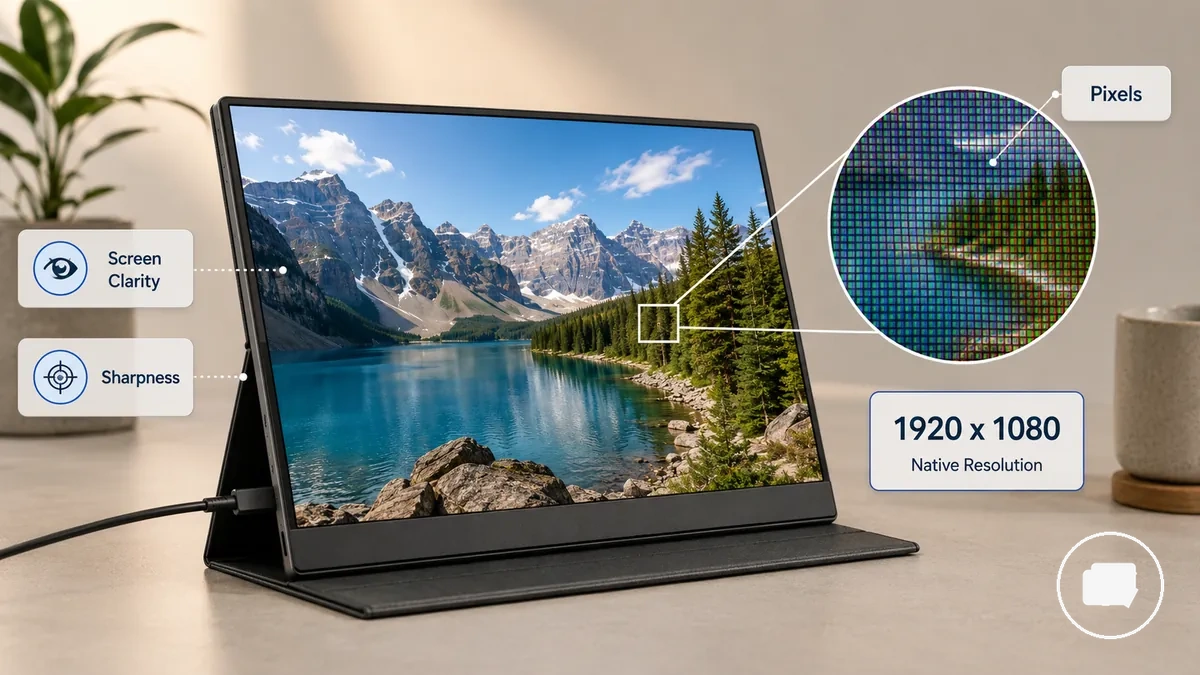 Diagrama que muestra píxeles en una pantalla de monitor portátil que explica la resolución y la claridad