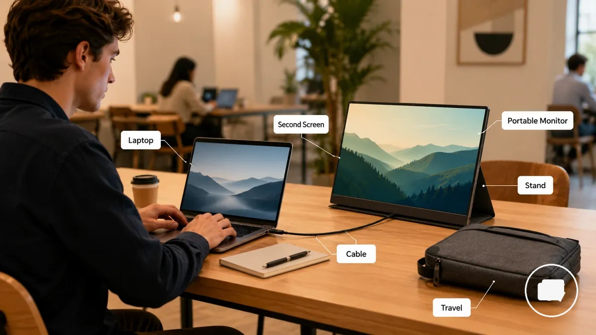 Monitor portátil mostrado en un contexto de uso ligero de segunda pantalla lejos del escritorio