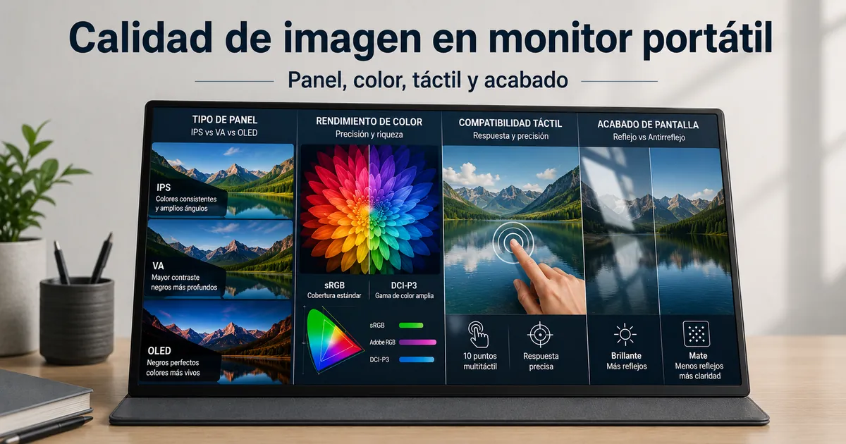 Monitor portátil mostrando diferencias de color y acabado de pantalla para evaluar la calidad de imagen