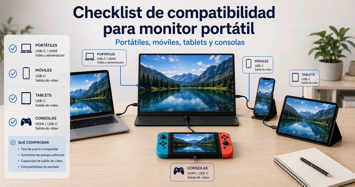 Monitor portátil conectado a un portátil, móvil, tablet y consola para comprobar compatibilidad