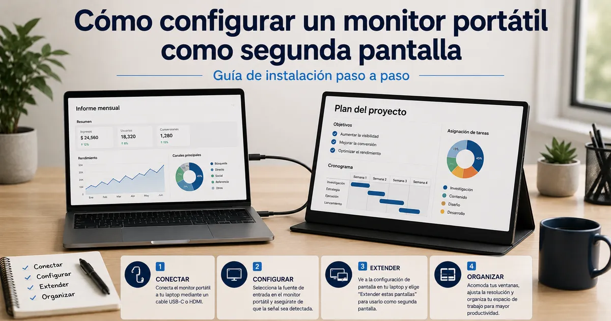 Monitor portátil configurado como segunda pantalla junto a un portátil sobre un escritorio
