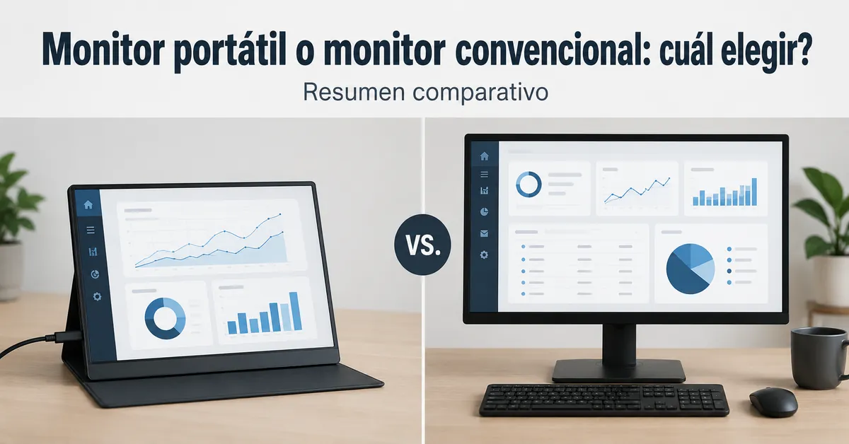Monitor portátil colocado junto a un monitor de escritorio convencional para comparar ambos formatos