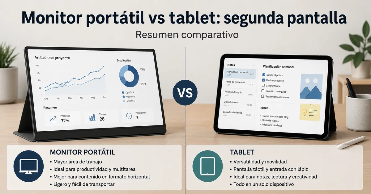Monitor portátil y tablet colocados lado a lado como opciones de segunda pantalla