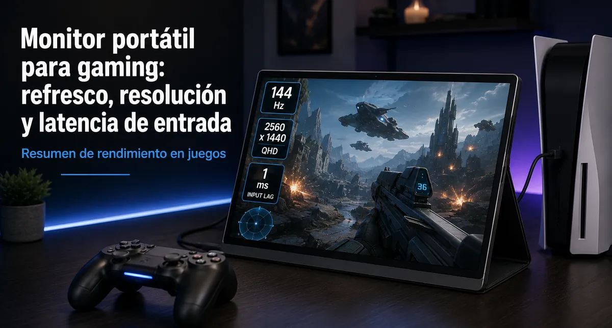 Monitor portátil usado en una configuración de gaming con mando y consola