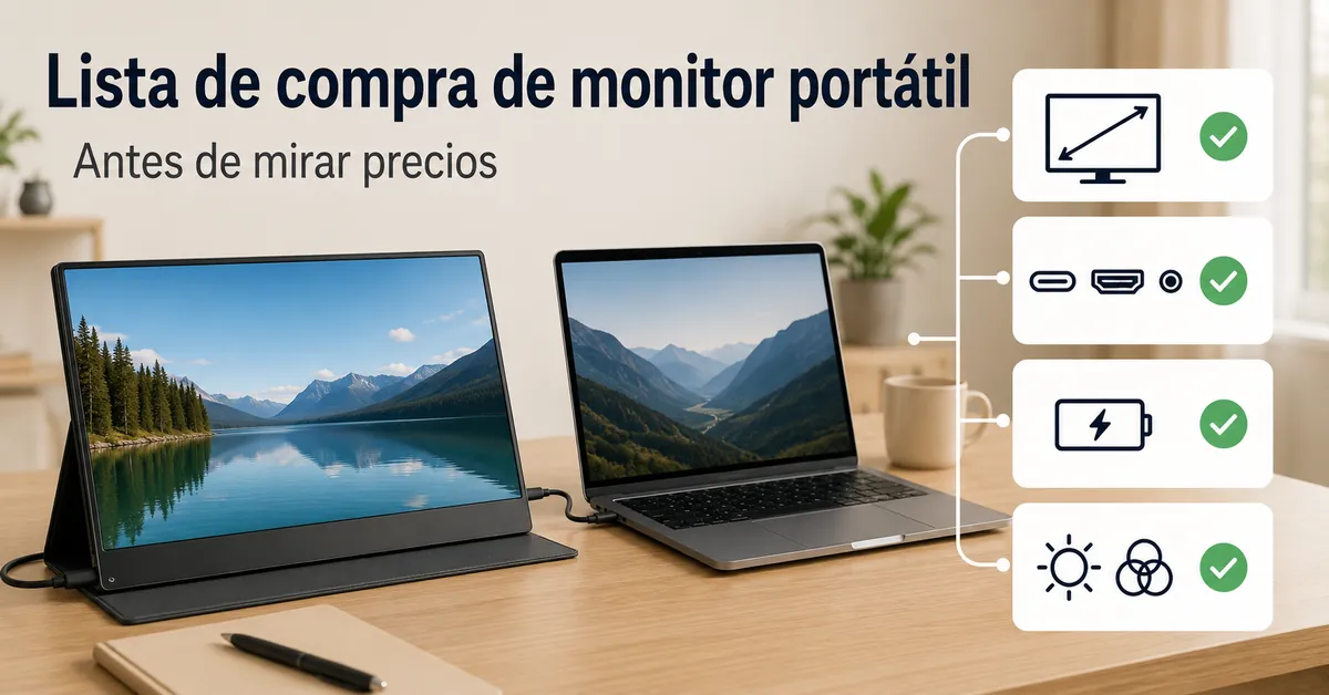 Lista de compra de un monitor portátil con tamaño, puertos, alimentación y funciones de pantalla