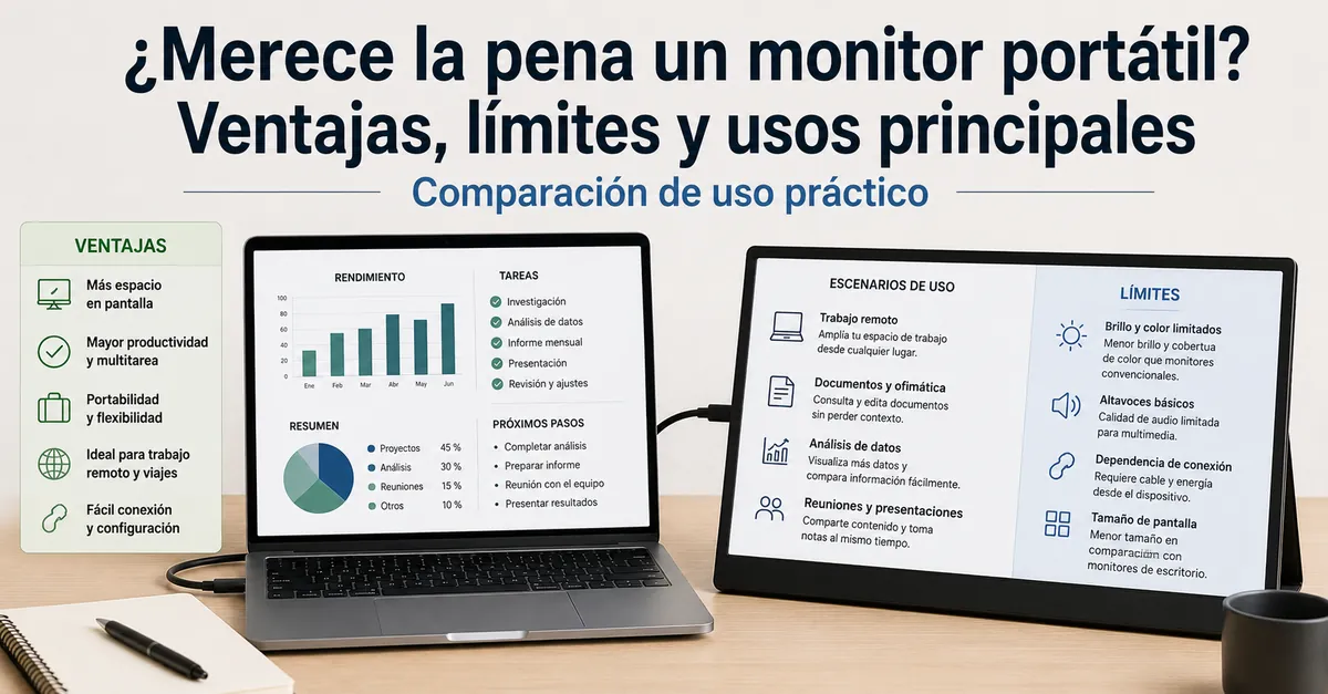 Monitor portátil usado junto a un portátil para comparar ventajas prácticas de una segunda pantalla