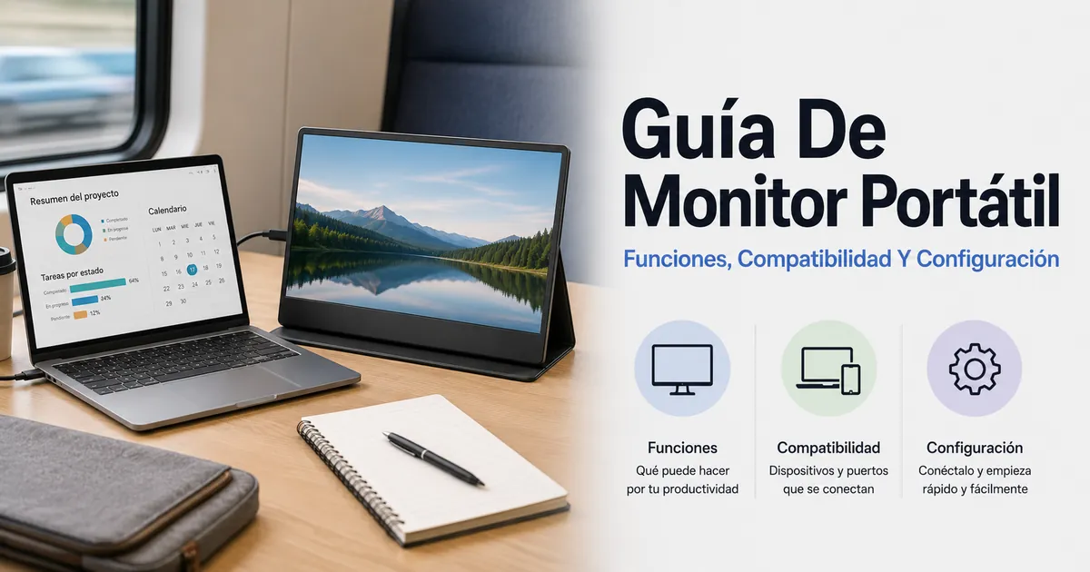 Monitor portátil conectado como segunda pantalla para trabajo y desplazamientos