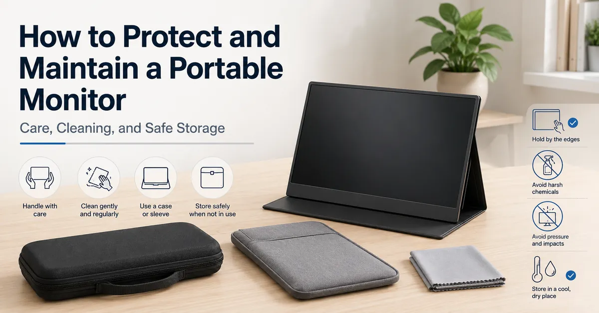 Monitor portátil protegido con funda, cubierta y paño de limpieza para mantenimiento