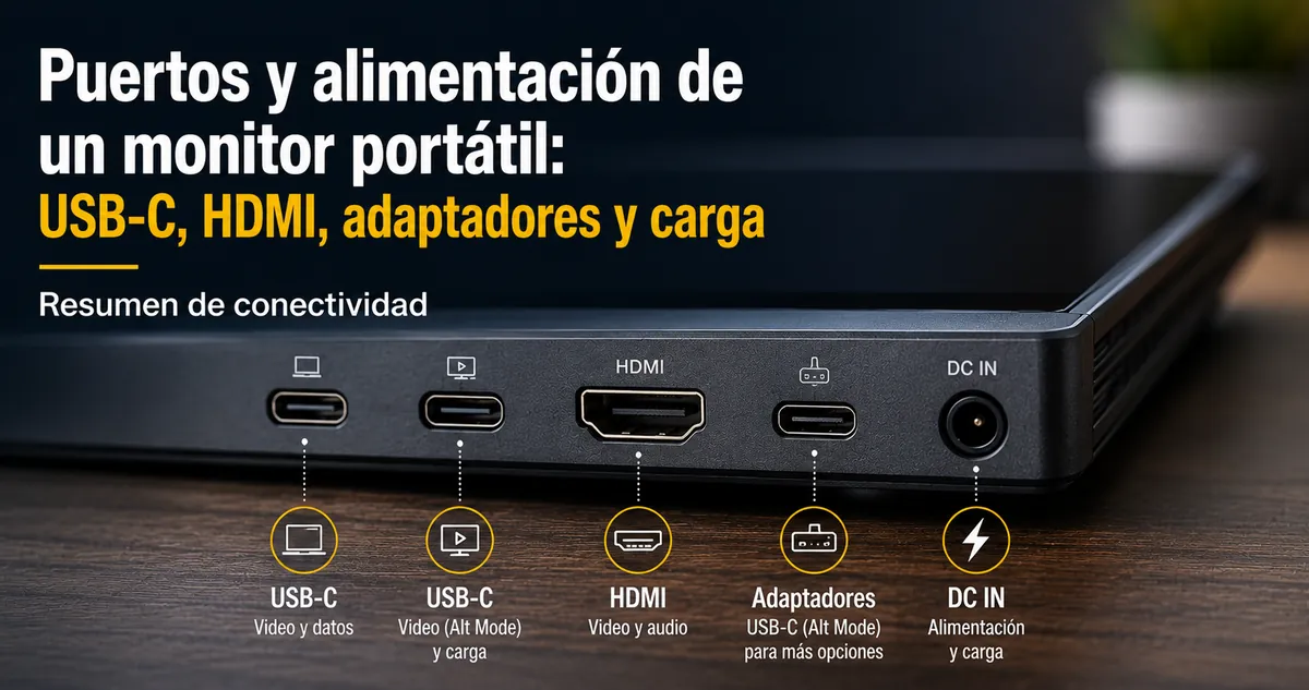 Primer plano de los puertos de un monitor portátil con conexiones USB-C, HDMI, adaptador y alimentación