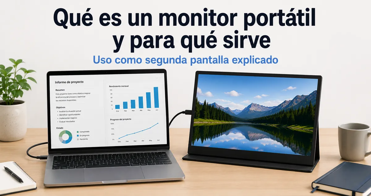 Monitor portátil junto a un portátil para explicar su uso como segunda pantalla
