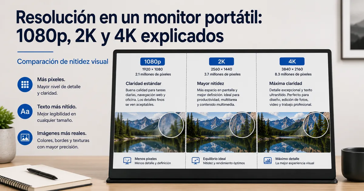 Pantalla de monitor portátil con texto nítido y detalle visual para comparar resolución