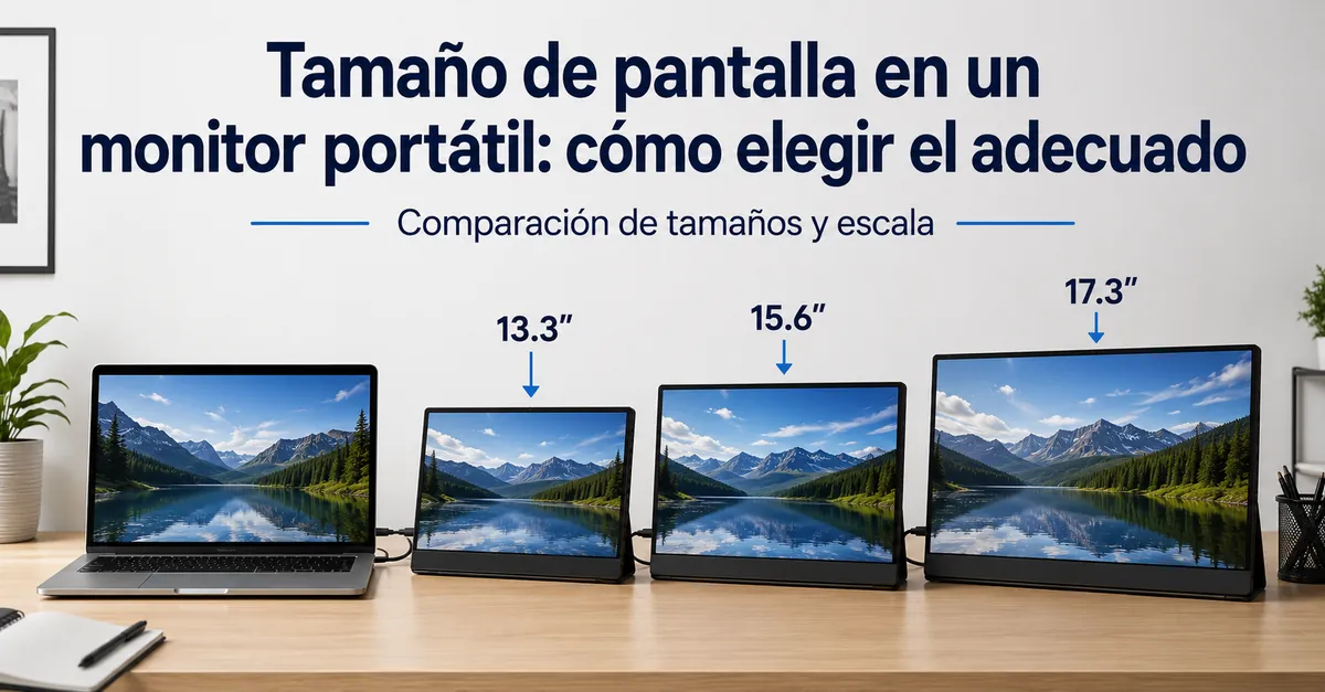 Varios tamaños de monitor portátil colocados junto a un portátil para comparar escala