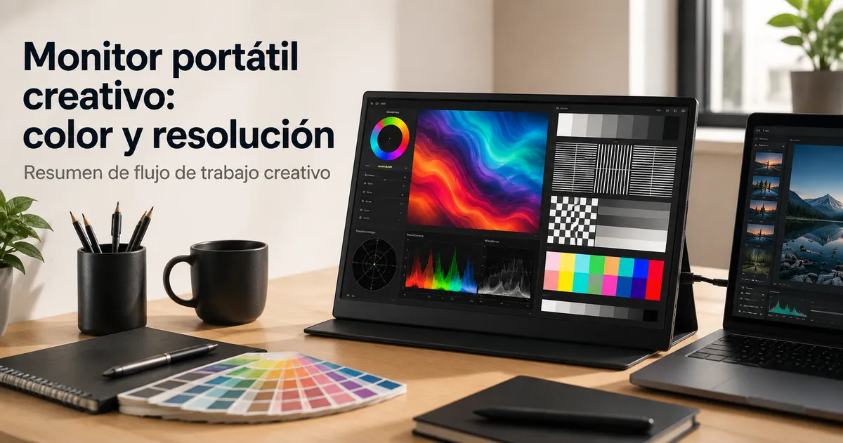 Monitor portátil usado para trabajo creativo con contenido centrado en color y resolución en pantalla