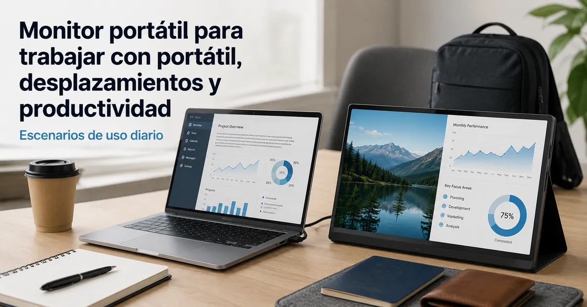Monitor portátil usado con un portátil para trabajo, desplazamientos y productividad