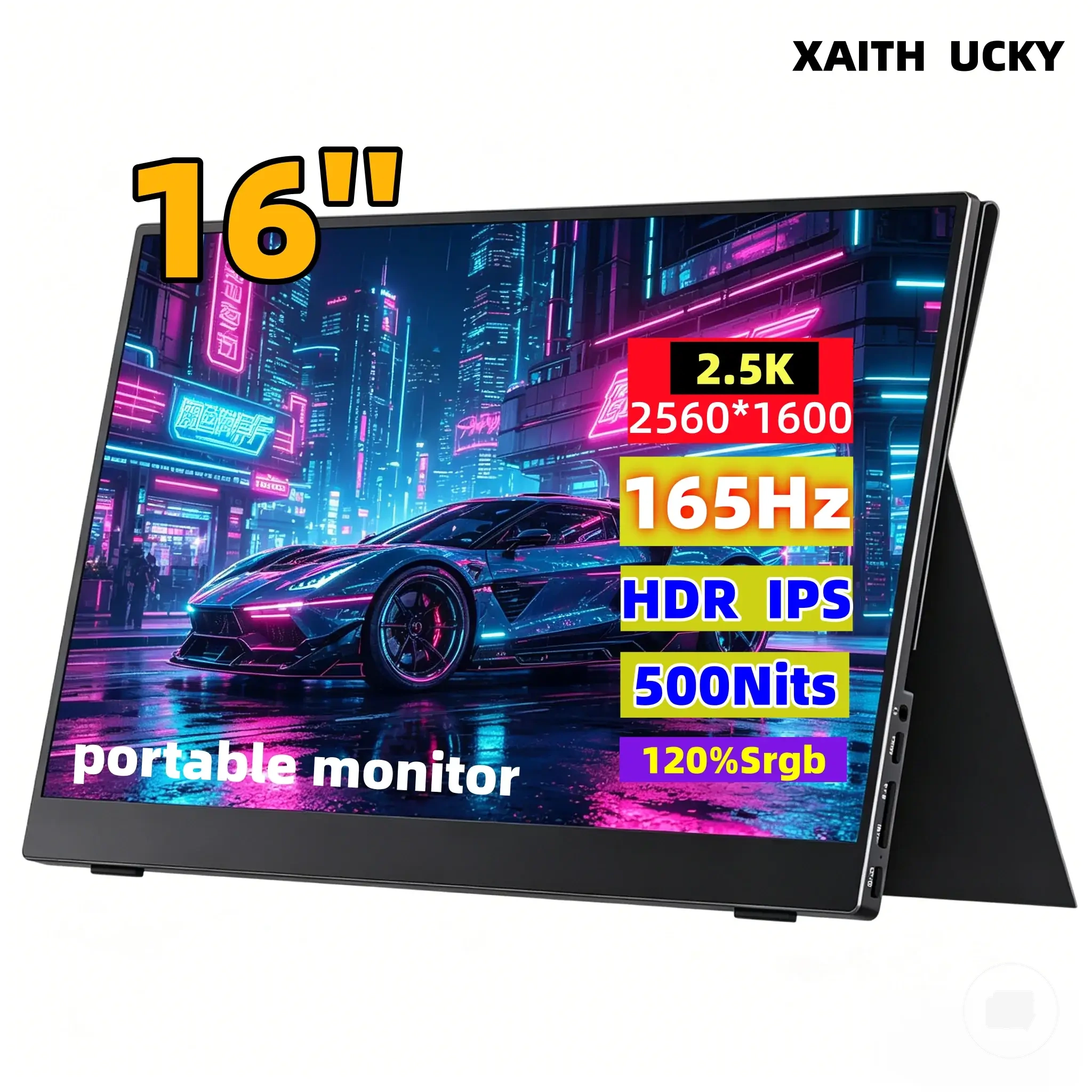 Moniteur portable 2K 165Hz de 16 pouces avec 500 nits, 120 pour cent sRGB, HDR, HDMI et USB-C