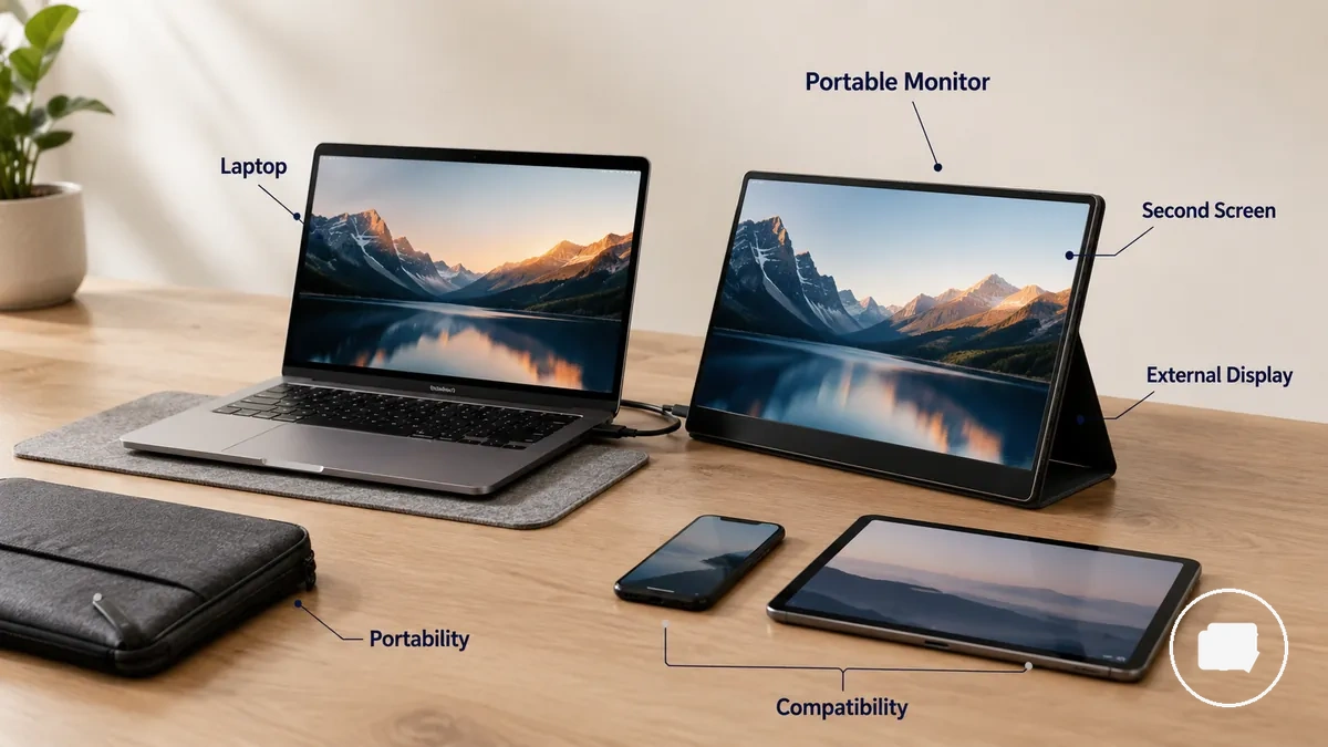 Moniteur portable à côté d’un ordinateur portable utilisé comme second écran dans un espace de travail adapté aux déplacements