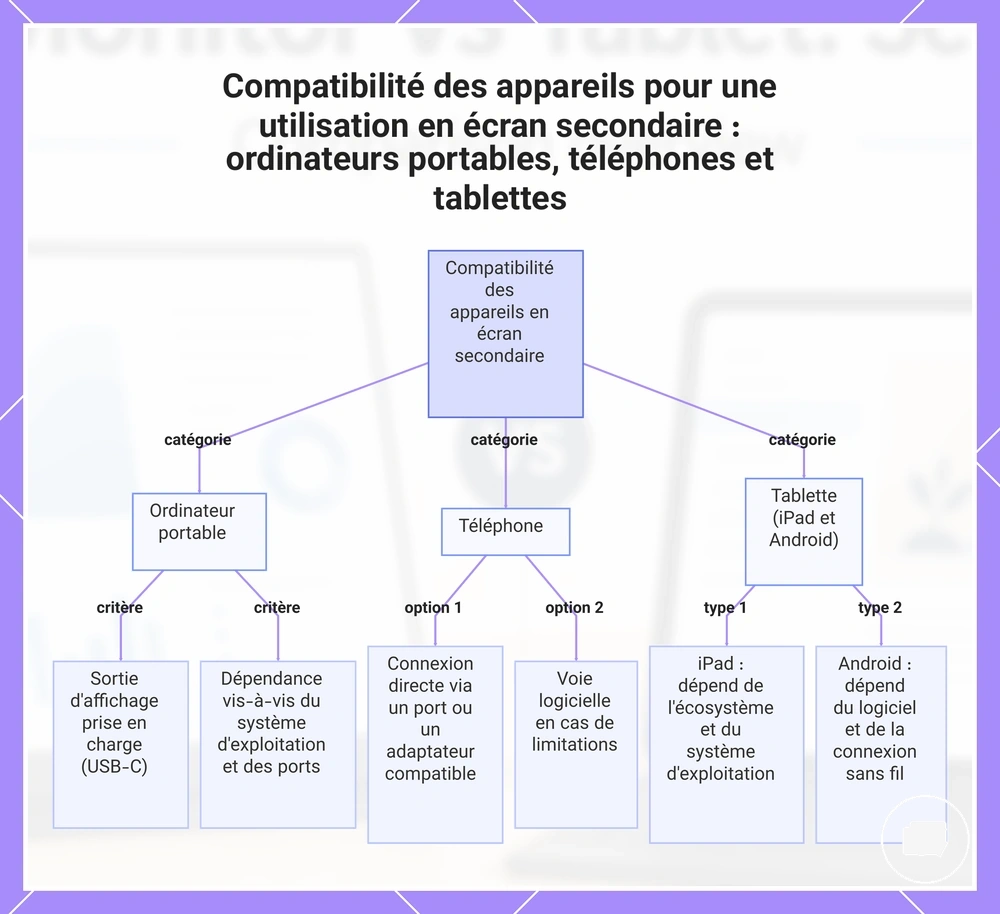 Compatibilité des appareils pour une utilisation en écran secondaire : ordinateurs portables, téléphones et tablettes