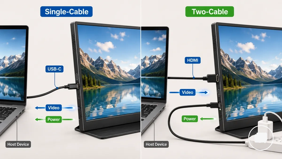 Comparaison des connexions à un câble USB-C et à deux câbles HDMI pour moniteur portable