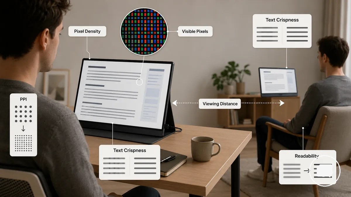Diagramme montrant la densité de pixels et la distance de visualisation pour la netteté d’un moniteur portable