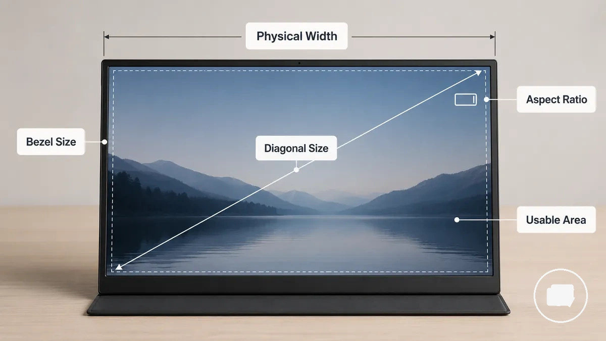 Schéma d un moniteur portable montrant la taille diagonale, la largeur, le cadre et la surface d écran utilisable