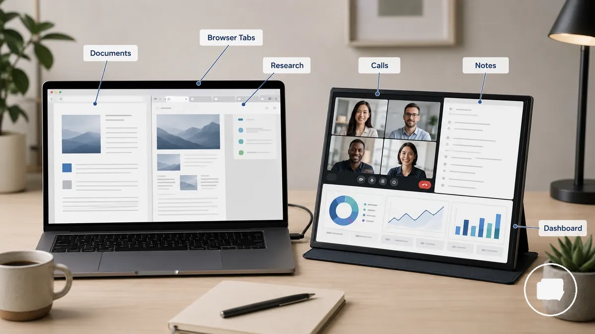 Ordinateur portable et moniteur portable montrant un espace de travail partagé entre applications et documents