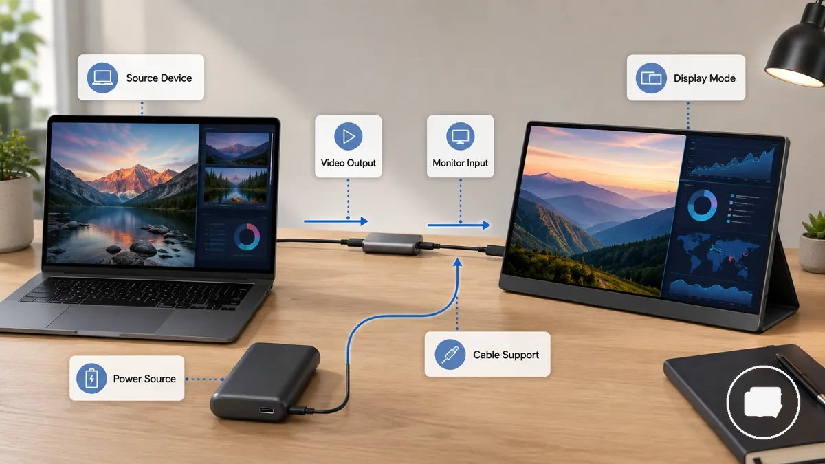 Diagramme montrant les exigences de compatibilité du moniteur portable pour l’appareil source, le câble, l’alimentation et la sortie d’affichage