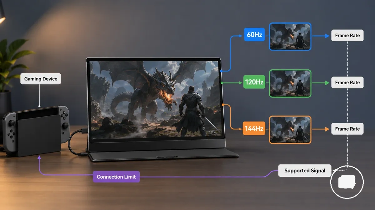 Graphique comparatif montrant les limites du taux de rafraîchissement et du taux d images pour le jeu sur moniteur portable