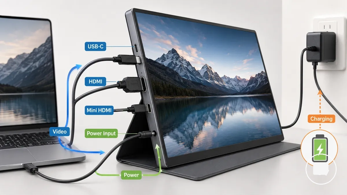 Ports de moniteur portable annotés montrant les rôles vidéo, alimentation et charge