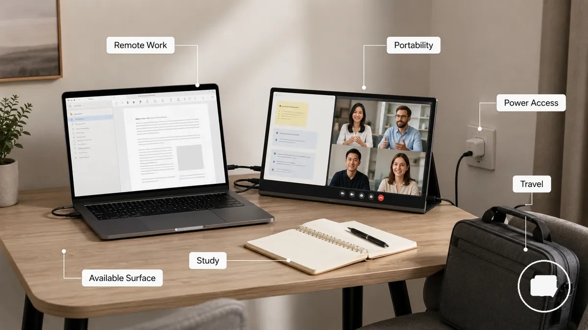 Moniteur portable utilisé avec un ordinateur portable dans une configuration compacte de travail à distance ou d étude
