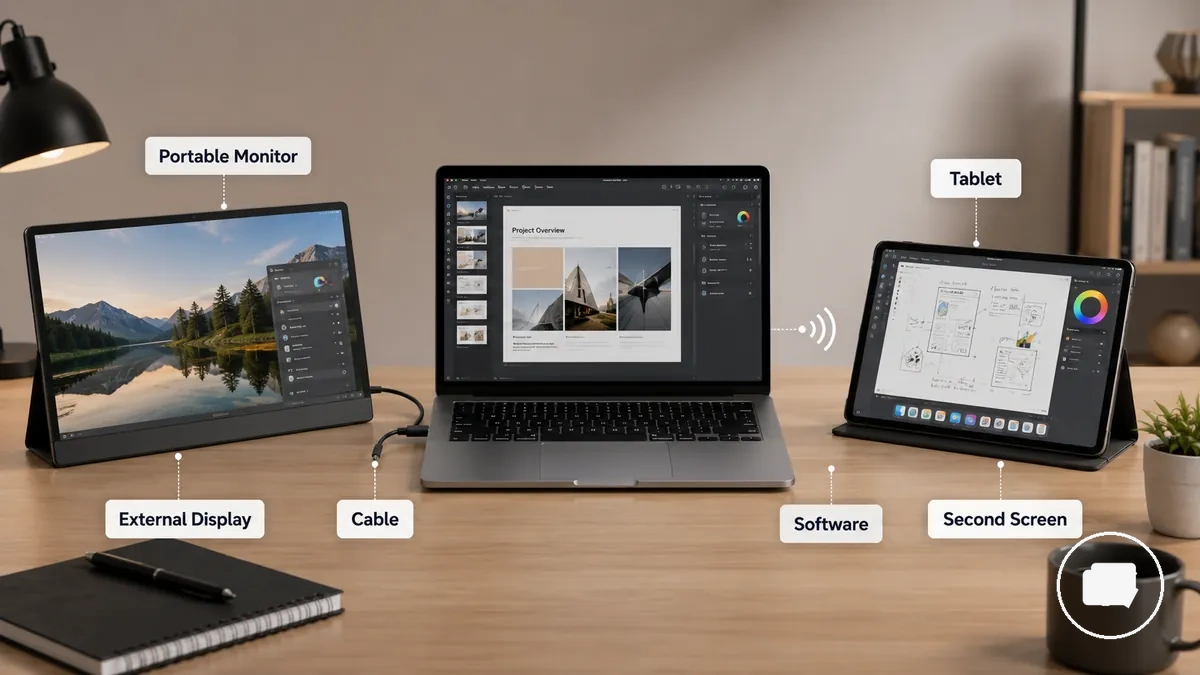Moniteur portable et tablette montrant différents rôles de second écran