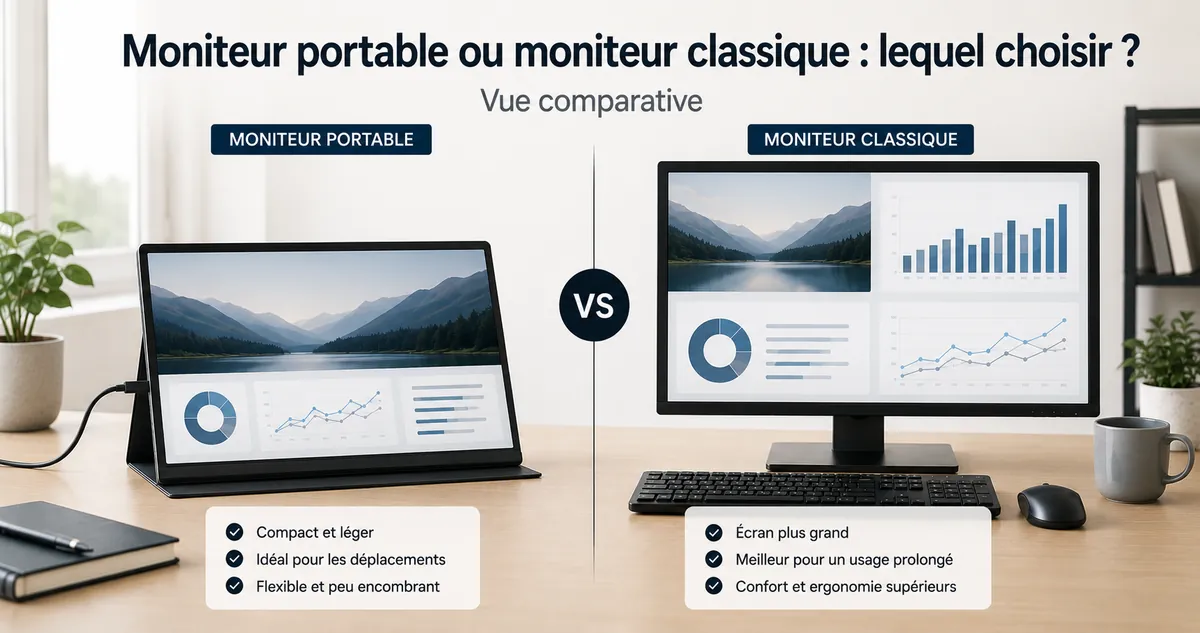 Moniteur portable placé à côté d’un écran de bureau classique pour comparaison