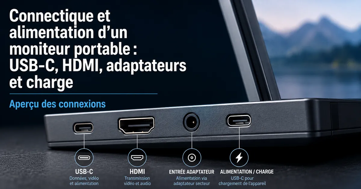 Gros plan sur les ports d’un moniteur portable avec connexions USB-C, HDMI, adaptateur et alimentation