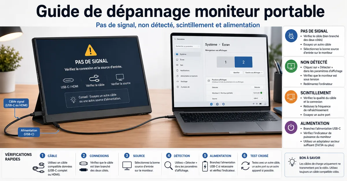 Dépannage d’un moniteur portable avec câbles, alimentation et test de signal