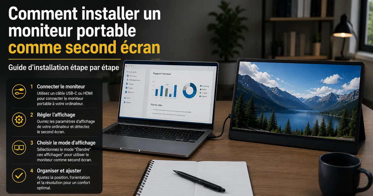 Moniteur portable installé comme second écran à côté d’un ordinateur portable sur un bureau
