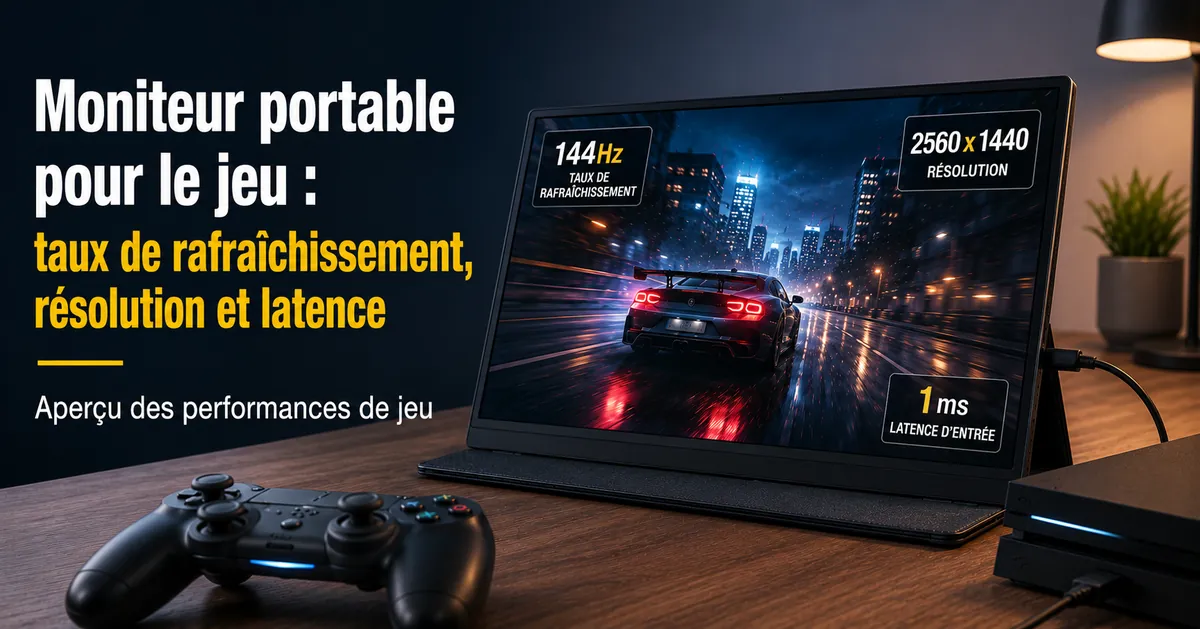 Moniteur portable utilisé dans une configuration de jeu avec une manette et une console