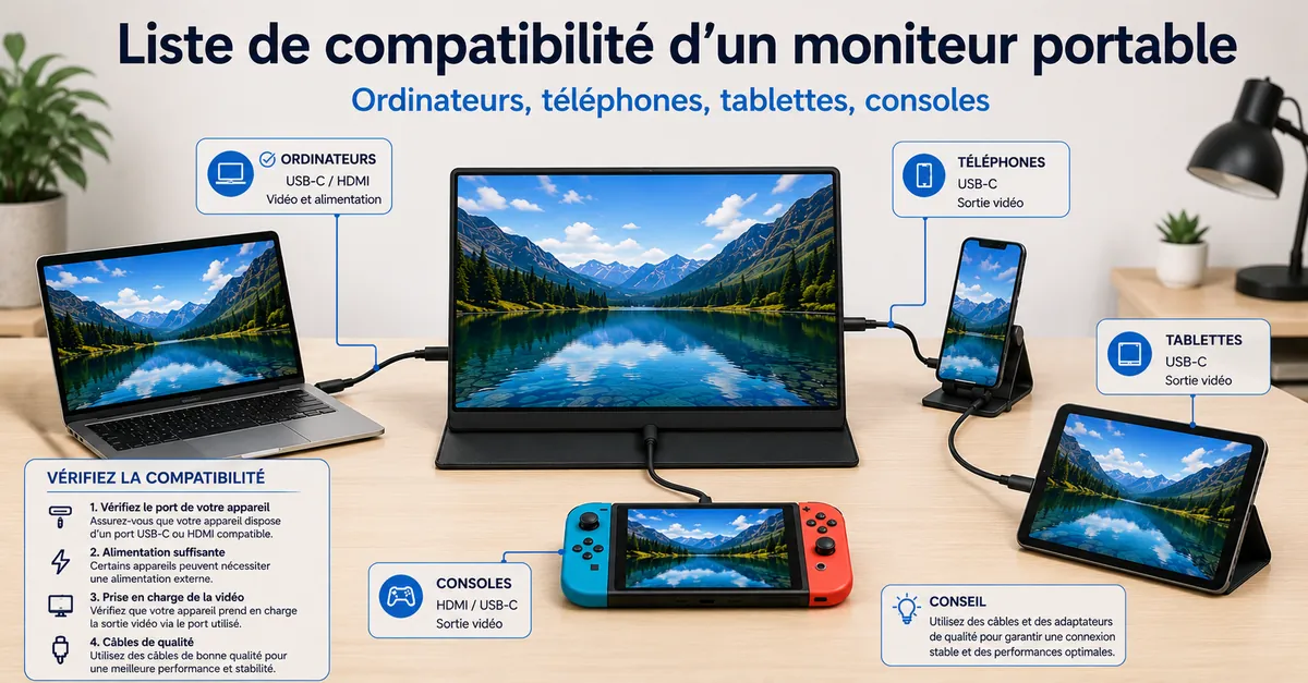 Moniteur portable connecté à un ordinateur portable, un téléphone, une tablette et une console pour vérifier la compatibilité